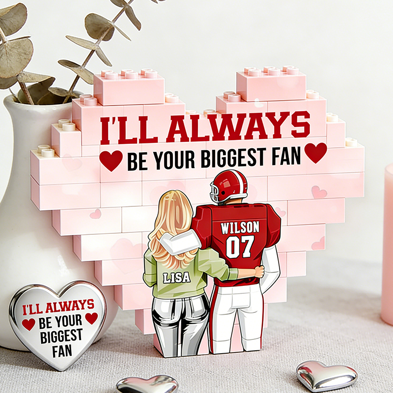 Personalized Football Couples Heart "Biggest Fan" Building Blocks with Custom Names and Number Valentine's Day Gift