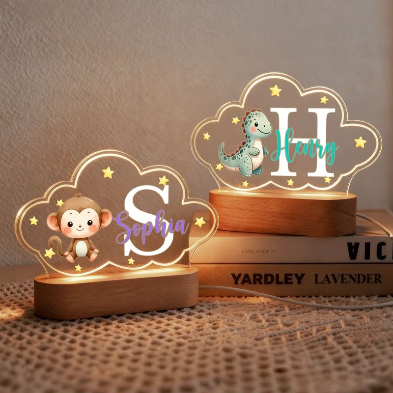 Personalized Cute Animals Star Cloud Style Acrylic LED Night Light with Wooden Base and Name Birthday Anniversary Gift for Kid Newborn