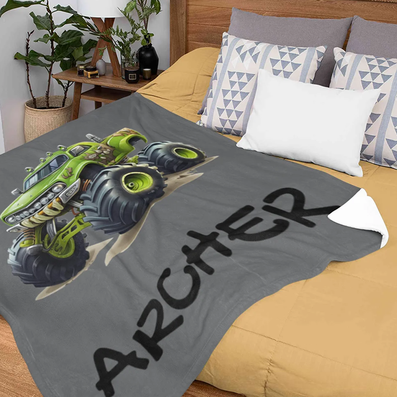 Personalized Big Wheel Off Road Truck Soft Throw Blanket with Name Home Decor Birthday Gift 