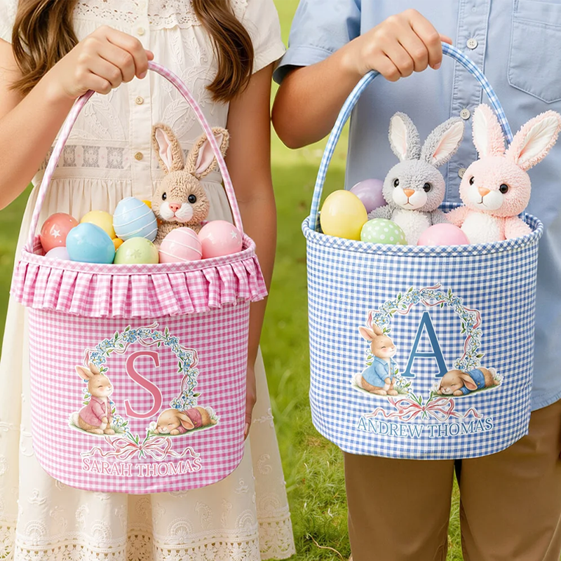 Personalized Cute Wreath Bunny Plaid Easter Basket with Name and Initial Easter Eggs Hunting Easter Day Gift for Boys Girls