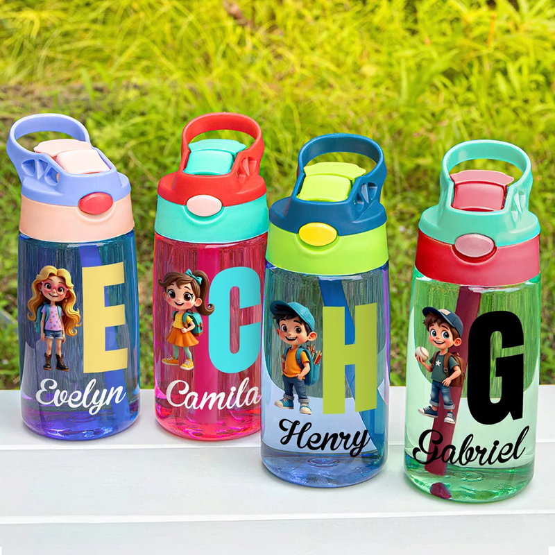 Personalized Cartoon Character 16 oz Kid Water Bottle with Name and Initial Outdoor Activities Birthday Christmas Back to School Gift 