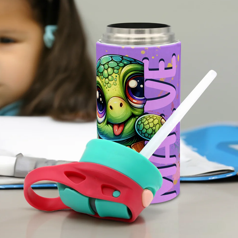 Personalized Cute Watercolor Animal 12 oz Kid Insulated Name Water Bottle with Handle and Silicone Straw Birthday Back to School Gift