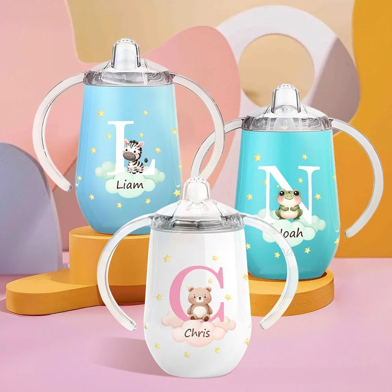 Personalized Initial Forest Animals Insulated Name Sippy Cup with Lid and Handle Birthday Baby Shower Back to School Gift for Toddler Kids