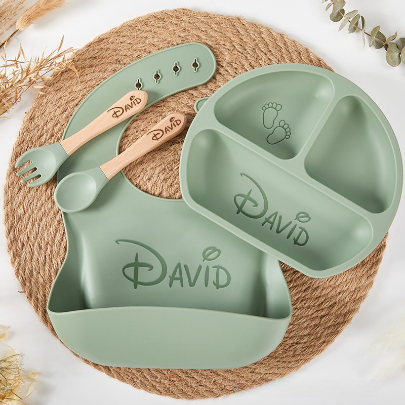 Personalized Engraved Silicone Baby Weaning Set Baby Feeding Plate and Bib Unique Baby Shower Gift  Baby Essentials Baby Shower Gifts