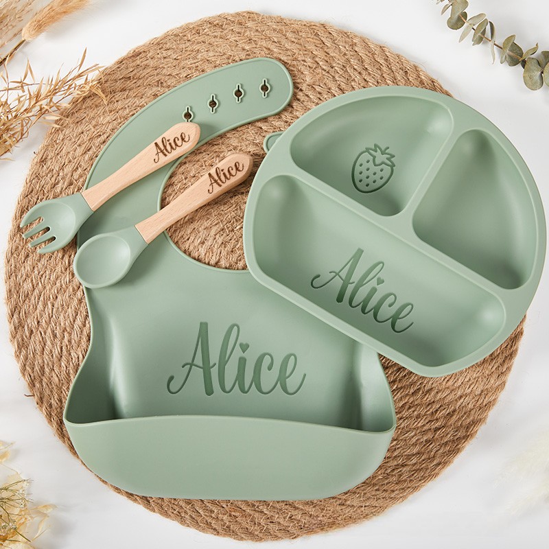 Personalized Eco Friendly Silicone Weaning Set with Engraved Name Unique Bib and Plate for Baby Ideal Baby Shower Gift