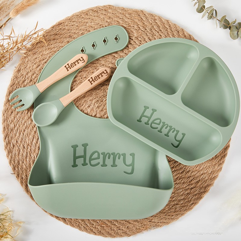 Personalized Engraved Silicone Baby Weaning Set Baby Feeding Plate and Bib Unique Baby Shower Gift  Baby Essentials Baby Shower Gift