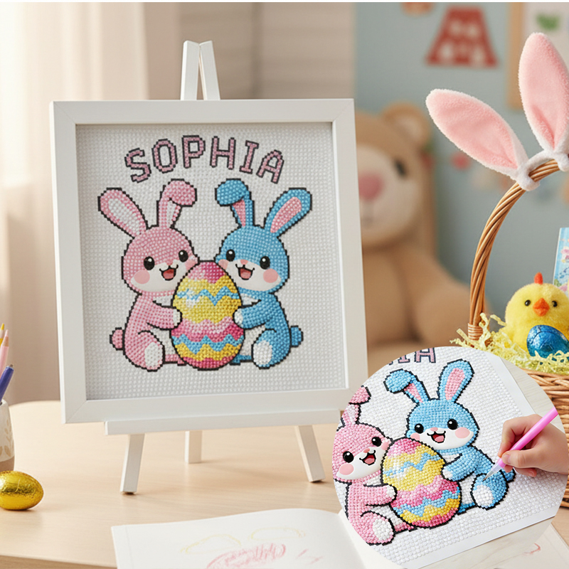 Personalized Name Diamond Painting Kit  Easter Bunny DIY Craft Set with Frame and Gems  Festive Design for Kids