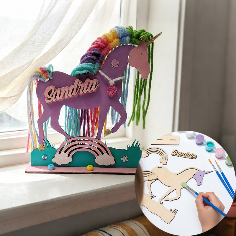 Personalized DIY Unicorn Craft Kit for Kids Custom Name Plaque Paints and Yarn for Creative Fun DIY Wood Macrame Paint Set