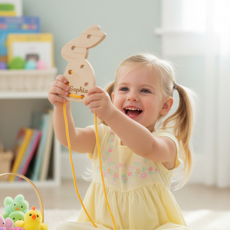 Personalized Easter Lacing Toy for Kids Custom Name Wooden Bunny with Colorful Strings Fun and Educational