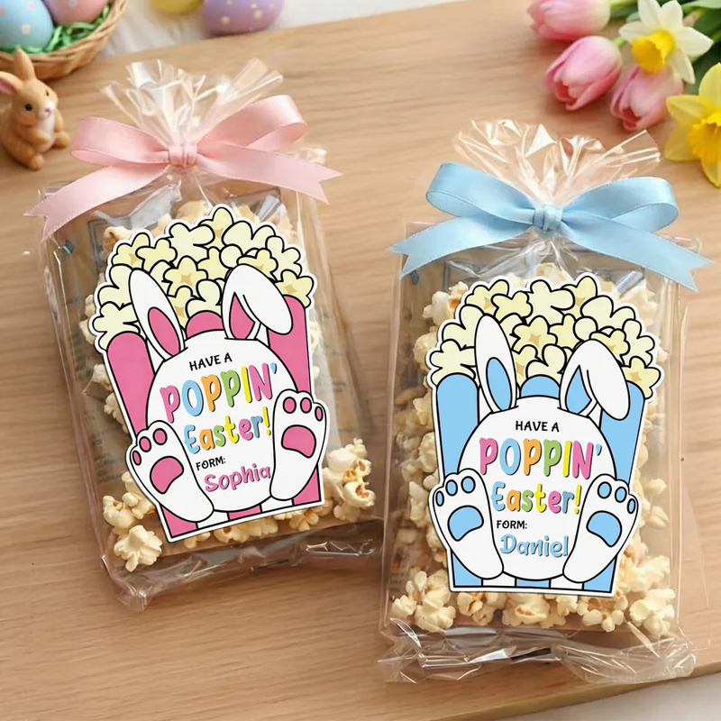 Personalized Cute Popcorn Rabbit Easter Waterproof Stickers Labels with Name Gift Decoration Easter Day Party Favors for Kids