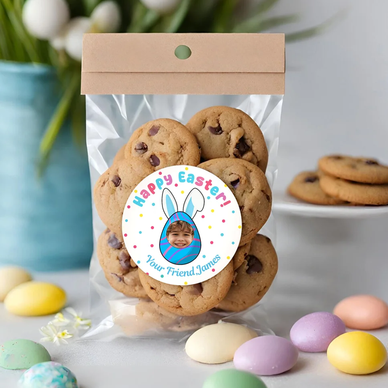 Personalized Cute Rabbit Ear Egg Set of 2 Easter Waterproof Stickers Labels with Name and Photo Easter Day Decor Party Favors for Family Kids