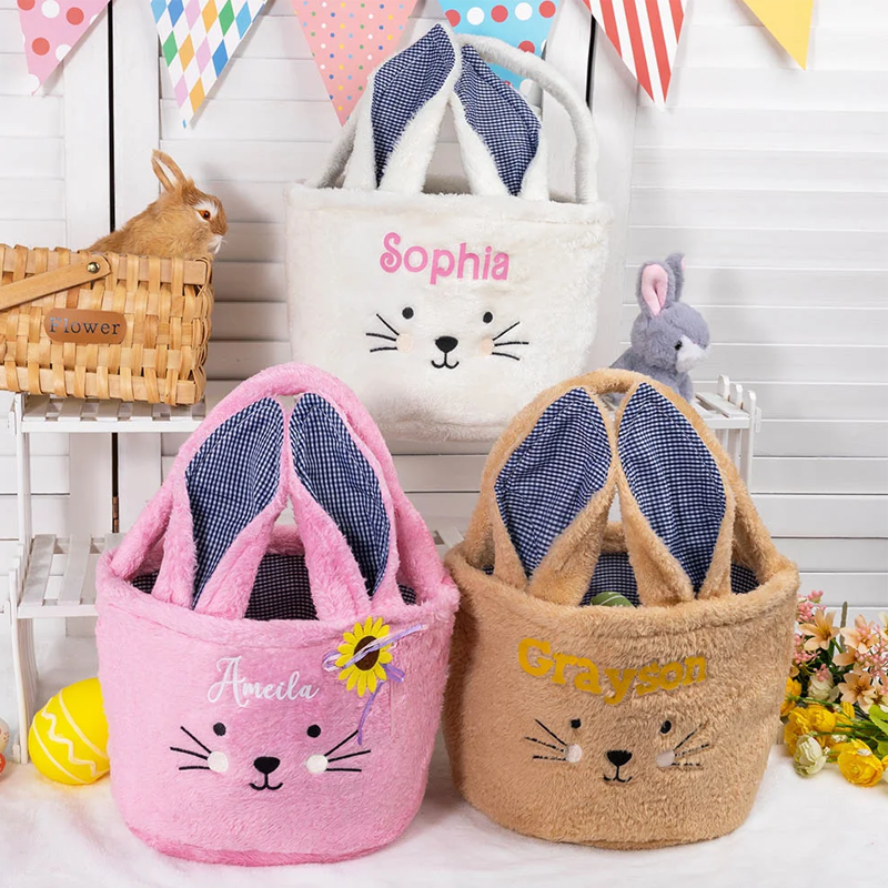 Personalized Cute Plush Bunny Easter Basket with Name Easter Egg Hunting Gift for Kids