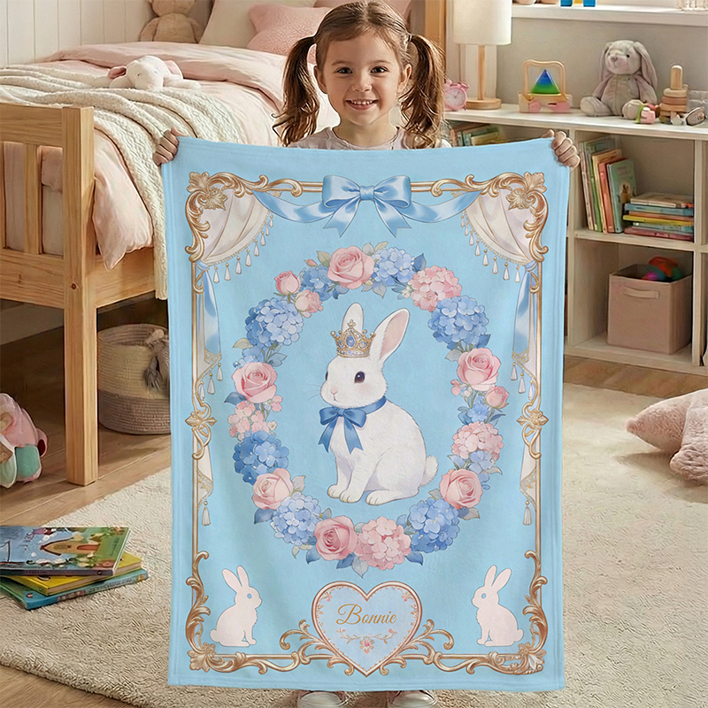 Personalized Name Bow Frame Floral Crown Rabbit Blanket Flannel Sherpa Throw for Bed Couch Home Decor Birthday Easter Gift for Kids Boys Girls