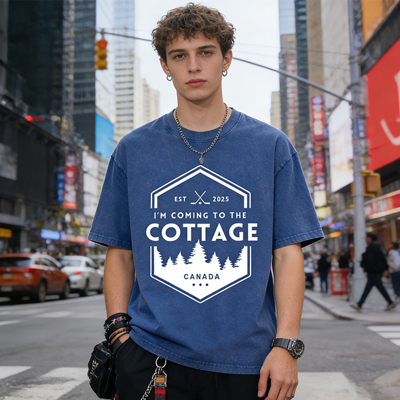 Personalized I'm Coming To The Cottage Canada Washed T-Shirt Forest and Hockey Graphic Tee for Hockey and Nature Lovers