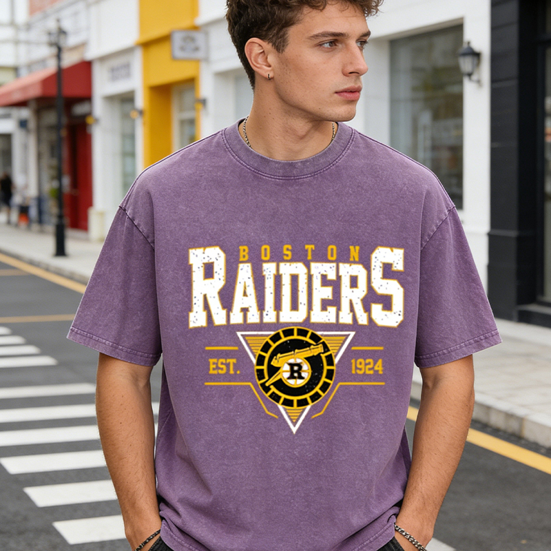 Personalized HR Theme Boston Raiders Ice Hockey Washed T-Shirt for Hockey Enthusiasts