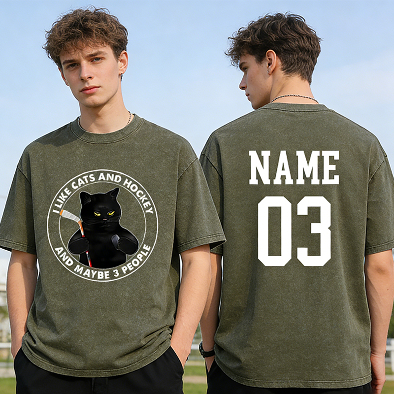 Personalized Funny Cat and Hockey Lover Washed T-Shirt with Custom Name and Number