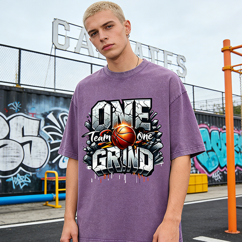 Personalized "One Team One Grind" Basketball Graffiti Washed T-Shirt for Basketball Enthusiasts and Street Culture Fans