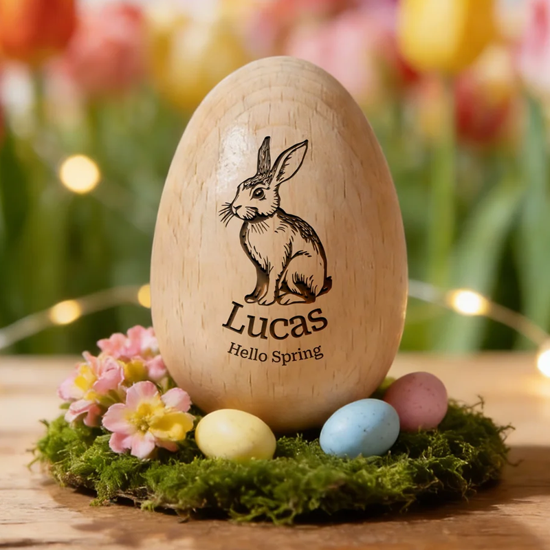 Personalized Happy Spring Bunny Wooden Easter Egg with Engraved Name Easter Basket Stuffers Home Decor Party Favors Gift for Kids