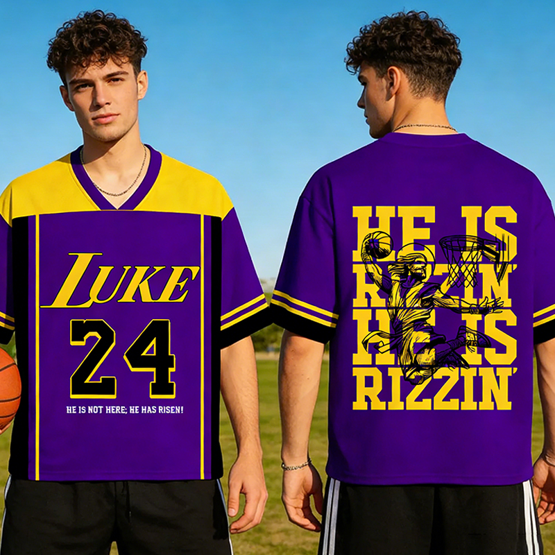 Personalized "He Is Rizzin'" Purple Mesh Basketball Jersey Custom Faith and Hoop Style for Christian Athletes