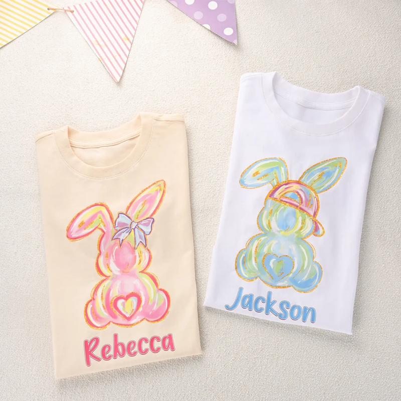 Personalized Fluorescent Graffiti Bunny 100% Cotton Kid T-shirt with Name Party Outfits Photo Props Easter Children's Day Gift for Toddlers Kids