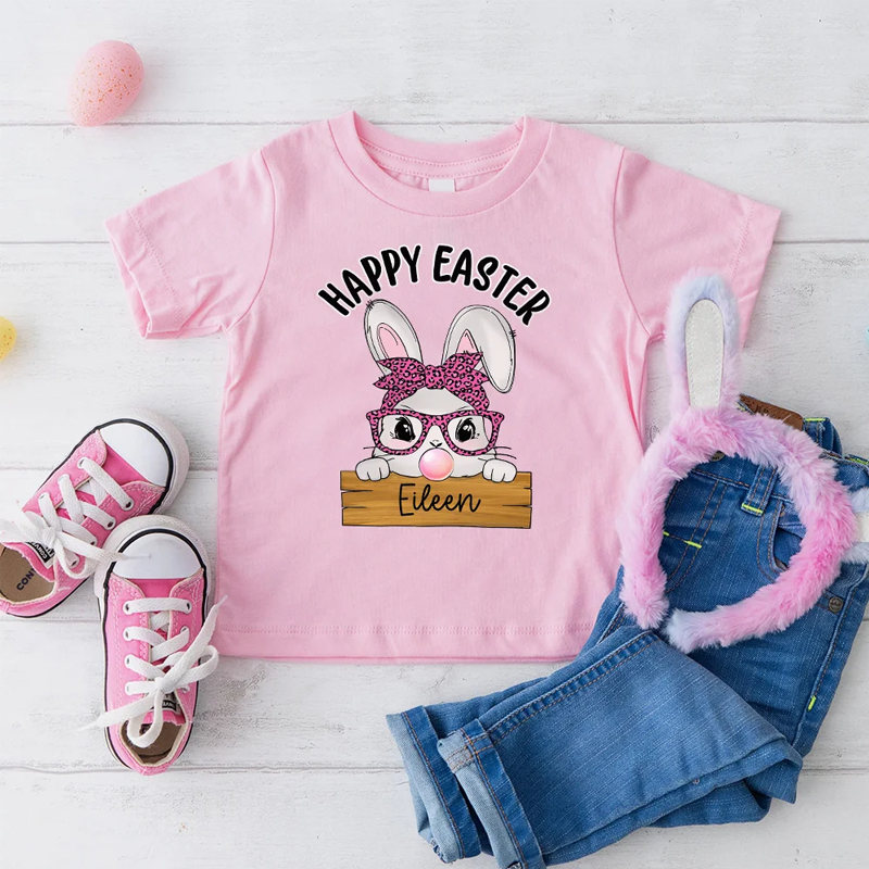 Personalized Happy Easter Cute Bunny 100% Cotton T-shirt with Name Easter Party Gift for Boys Girls