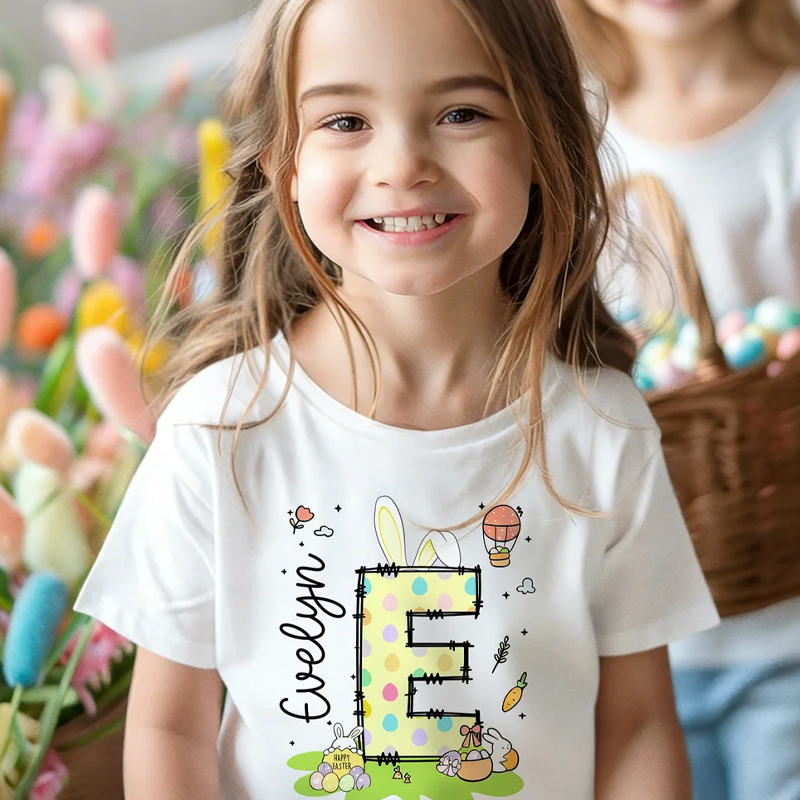 Personalized Cute Bunny Initial 100% Cotton Kid T-shirt with Name Easter Egg Hunt Easter Gift for Boys Girls