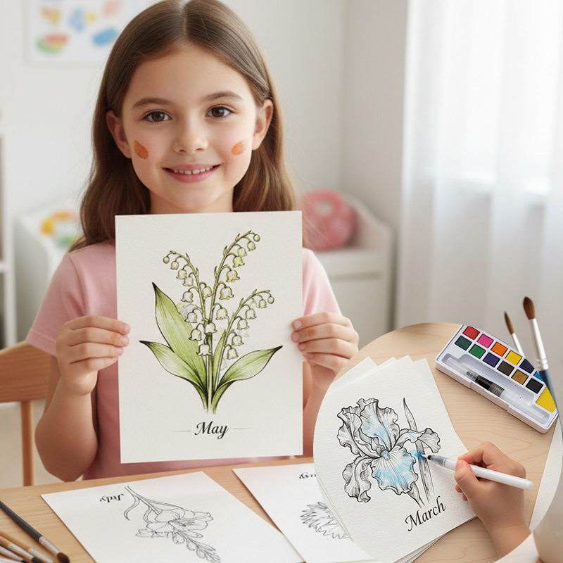 Personalized Birthday Flower Watercolor DIY Kit 12 Designs Creative Gift & Art Starter for Kids Monthly Flowers Watercolor Kit Beginner DIY Painting Activity