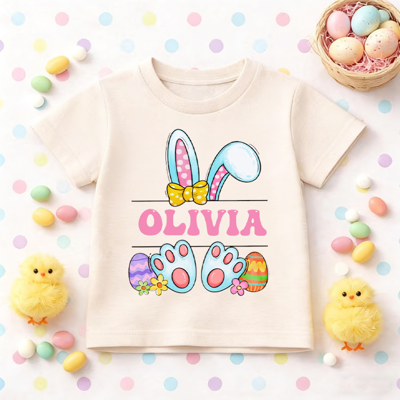Personalized Cute Bunny Happy Easter Custom Shirt 100% Cotton Kid T-shirt with Name Easter Egg Hunt Easter Gift for Boys Girls