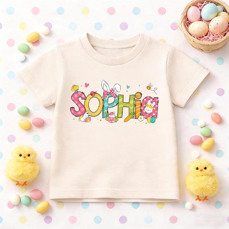 Personalized Cute Bunny Alphabet Easter 100% Cotton Kid T-shirt with Name Easter Egg Hunt Easter Gift for Boys Girls