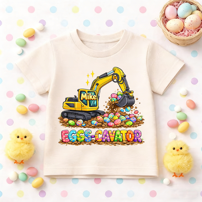 Personalized Cute Bunny Eggs-Cavator Excavator 100% Cotton Kid T-shirt with Name Easter Egg Hunt Easter Gift for Boys Girls