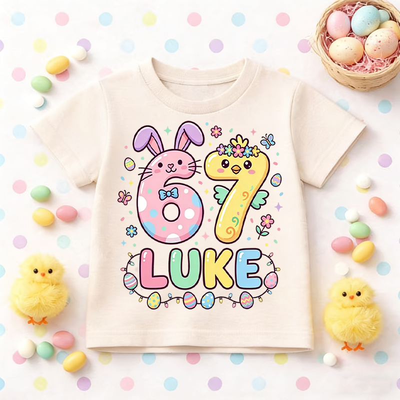 Personalized Cute Bunny 67 Easter 100% Cotton Kid T-shirt with Name Easter Egg Hunt Easter Gift for Boys Girls