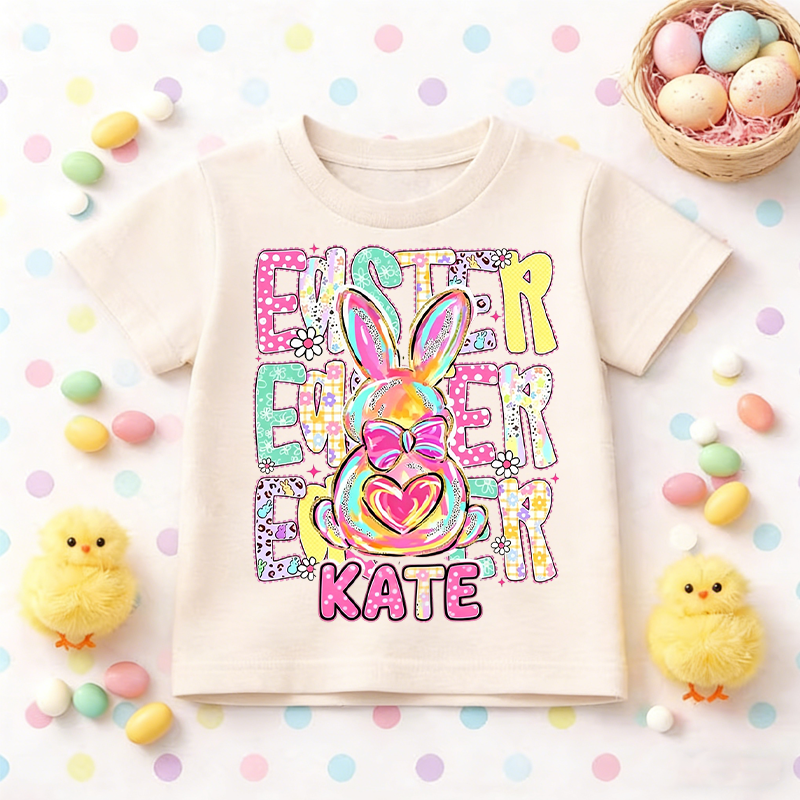 Personalized Cute Bunny Happy Easter Comfort Colors 100% Cotton Kid T-shirt with Name Easter Egg Hunt Easter Gift for Boys Girls