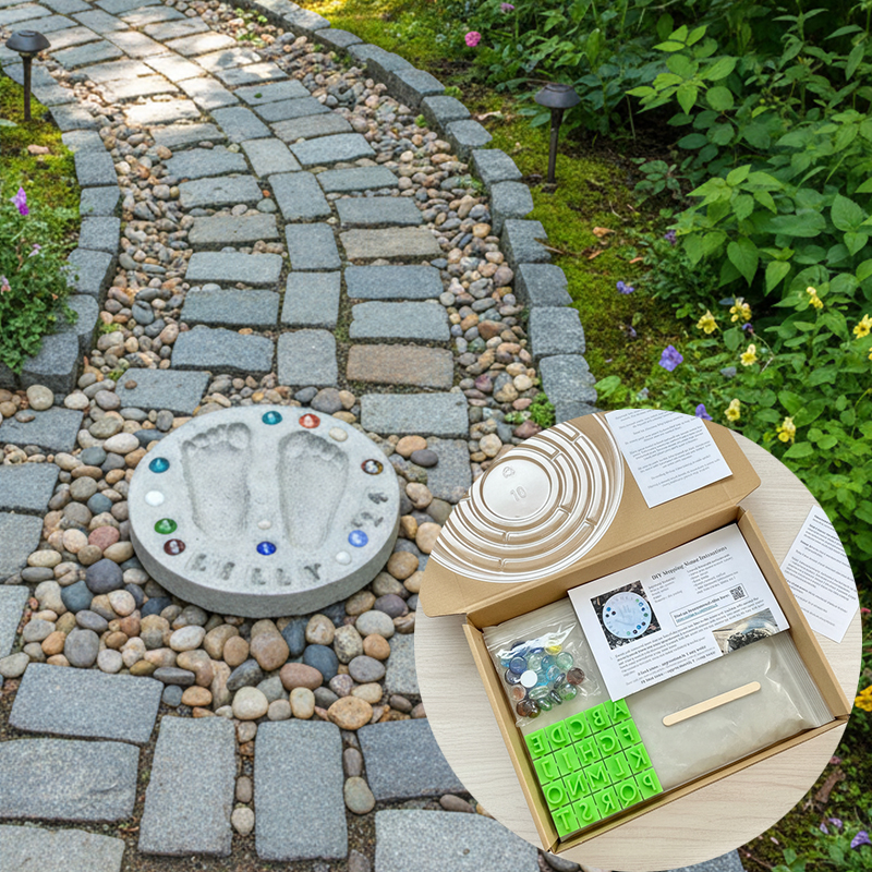 Personalized DIY Stepping Stone Kit Custom Handprint  Footprint Keepsake with Gems and Easy Mixing Cement