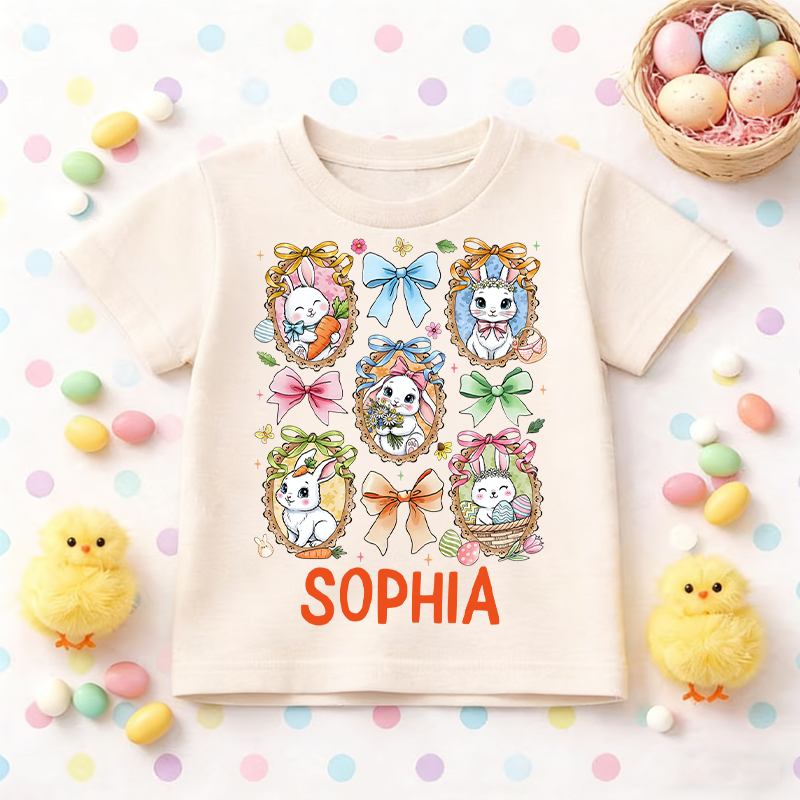 Personalized Cute Floral Coquette Easter Bunny  100% Cotton Kid T-shirt with Name Easter Egg Hunt Easter Gift for Boys Girls