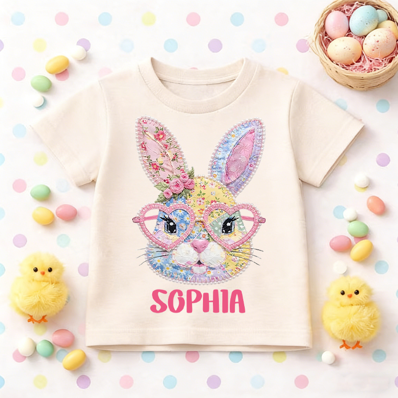 Personalized Cute Floral Bunny Patchwork 100% Cotton Kid T-shirt with Name Easter Egg Hunt Easter Gift for Boys Girls