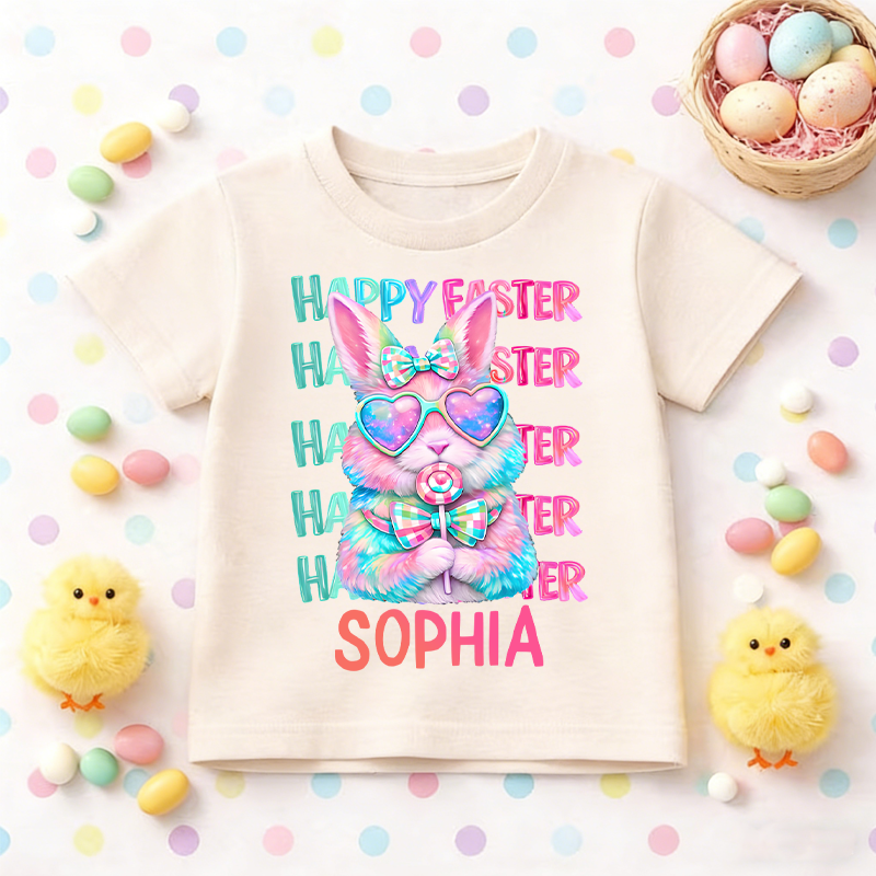 Personalized Coquette Easter Bunny 100% Cotton Kid T-shirt with Name Easter Egg Hunt Easter Gift for Boys Girls