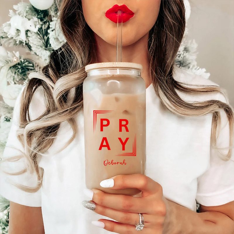 Personalized Christian Pray Glass Cup with Lid and Straw Birthday Religious Baptism Gift for Family Friends Christians