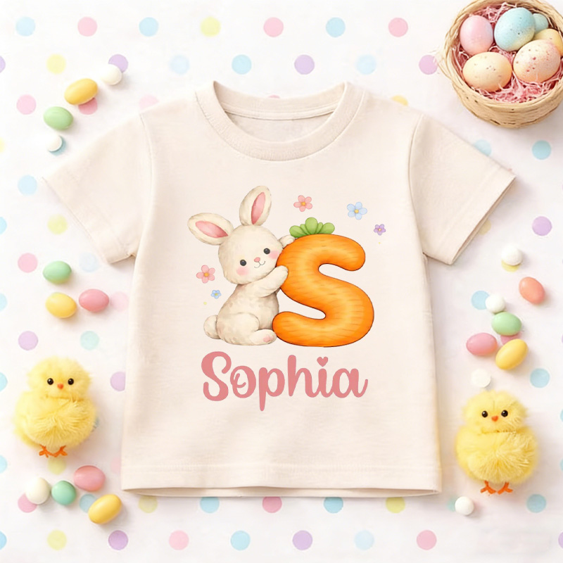 Personalized Easter Bunny Carrot Letter Custom Name Cute Spring Celebration Gift Kid T-shirt