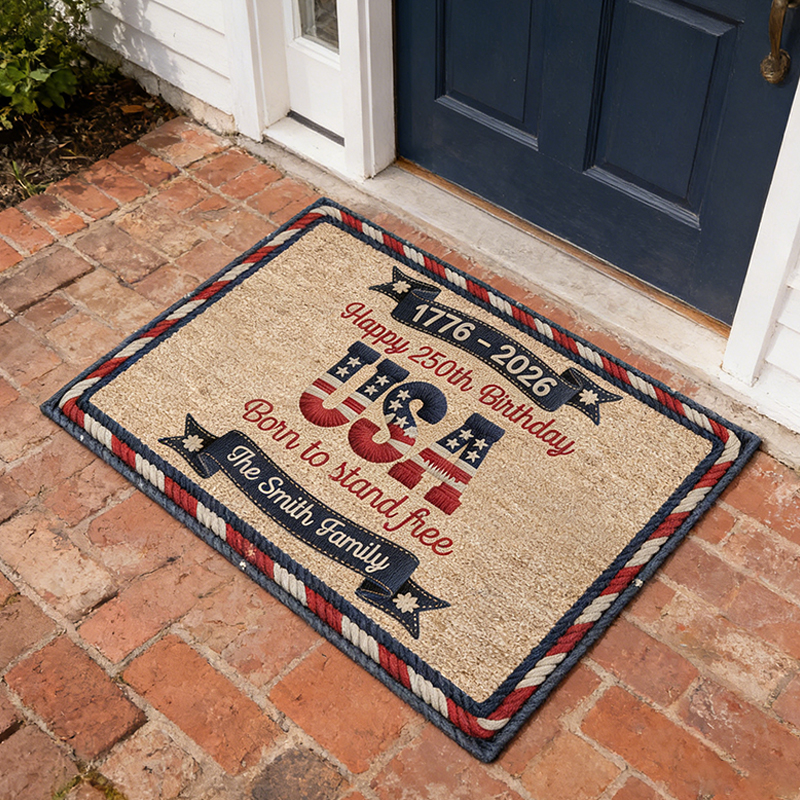 Personalized USA 250th Anniversary Doormat with Custom Family Name for Patriotic Home Decor