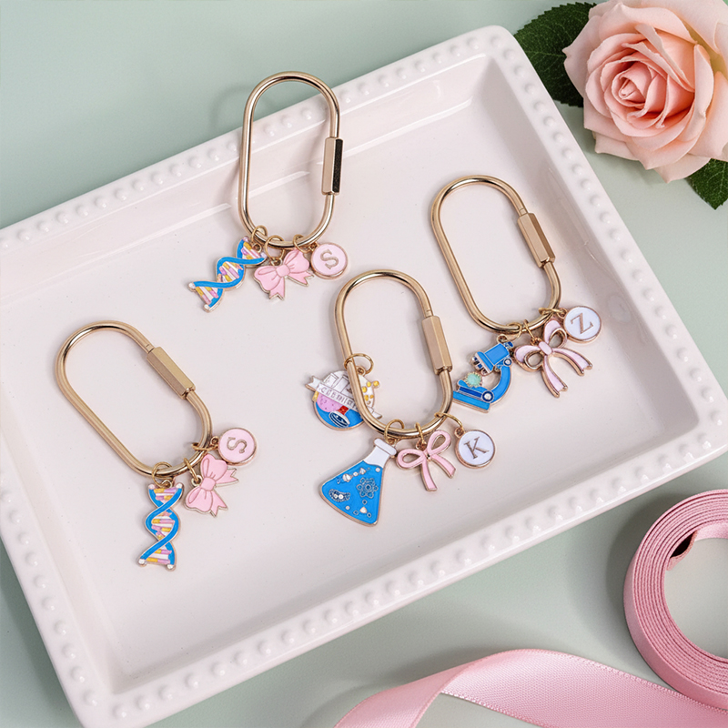Personalized Science Bag Charm Trendy Bow Purse Keychain Monogram Initial Gift for Tween Girl Chemistry Accessory Stocking Stuffer Cute Keyring