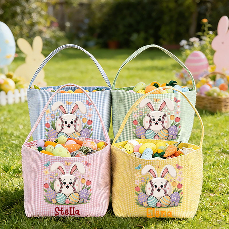 Personalized Easter Baseball Bunny & Egg Basket - Custom Name Tote for Girls and Boys