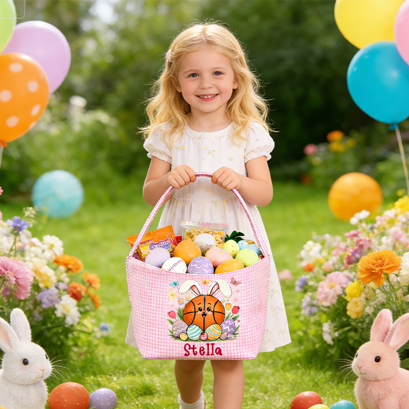 Personalized Basketball Bunny Easter Basket with Custom Name Gingham Tote for Kids Easter Gifts