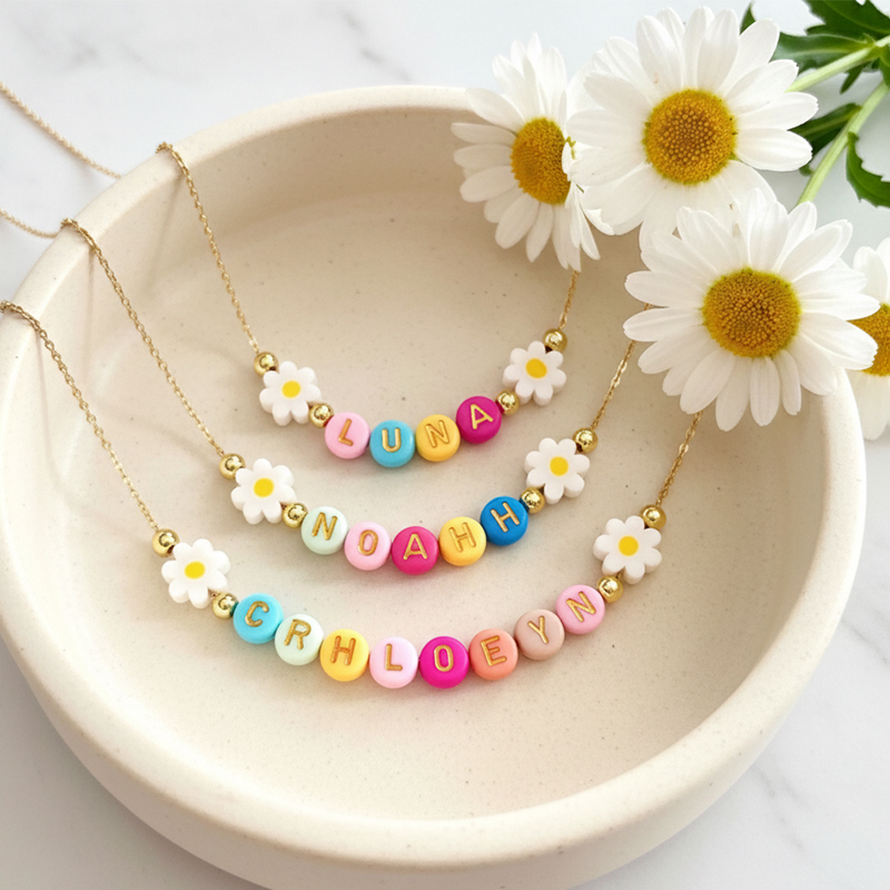 Personalized Kids Easter Name Necklace Gold-Plated Custom Letter Choker  Bunny Daisy Heart Easter Basket Stuffer for Girls