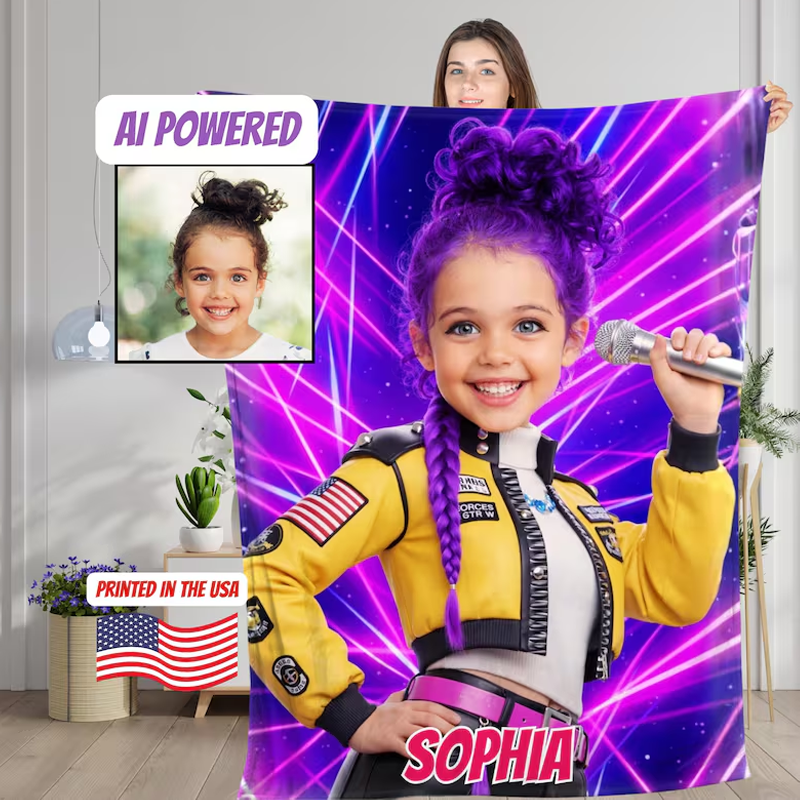 Personalized Pop Star Girl Blanket with Child’s Face & Name Anime Style Girl Gift Funs Lover Gifts
