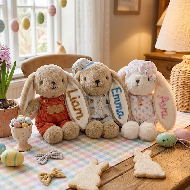 Personalized Easter Bunny Plush Custom Name Embroidered Rabbit Doll 6 Outfit Styles Easter Gift for Kids Easter Basket Gift Bunny Keepsake