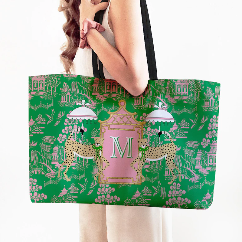 Personalized Mahjong Tote Bag Large Travel Bag Monogram Personalized Letter Initial Dice Toile Chinoiserie Leopards Mahjong Gift