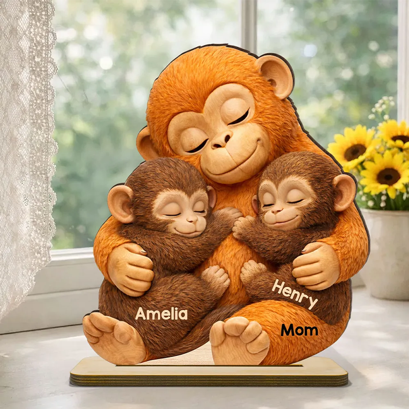 Personalized Mother Monkey Children Baby Punch Monkey Custom 2 Layered Wooden Plaque Heartfelt Mother S Day Gift for Mom Wife