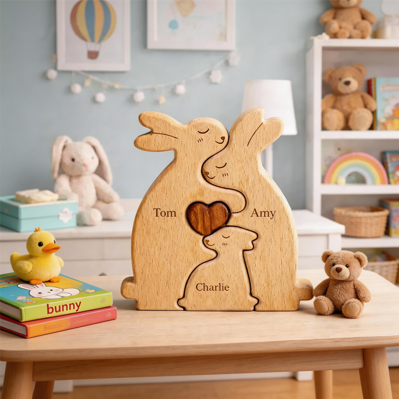 Personalized Wooden Rabbit Family Puzzle Custom Name Engraved Bunny Decor Wood Nursery Keepsake Nursery Room Decor Kids Birthday Gift