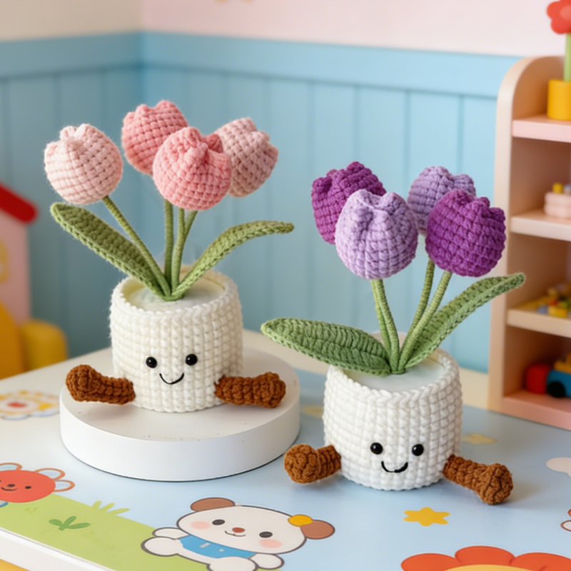 Handmade Crochet Tulip Flower Pot Pink Purple Orange or Blue Cute Gift for Her Girlfriend Friend Colleague Crochet Rose Bouquet