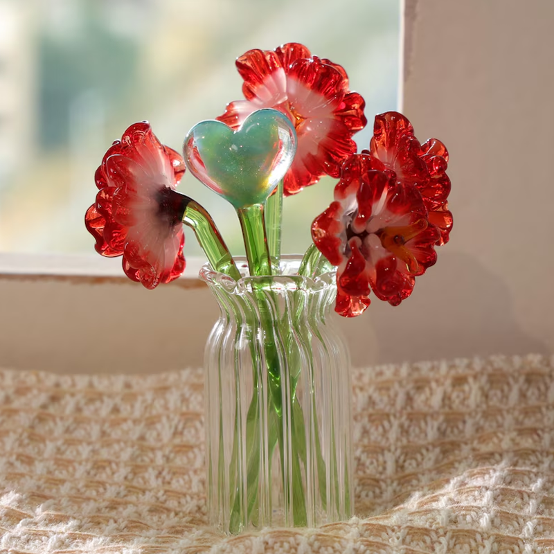 Hand Heart Blown Glass Flower Bouquet with Birth Month Heart & Birthstone – Topper Mother's Day Gift for Her